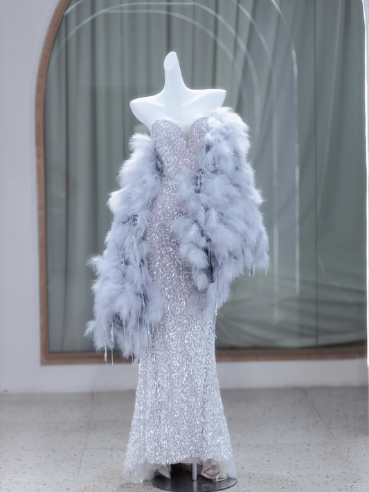 Vintage Mermaid Sweetheart Sleeveless Sequin Silver Long Prom Dresses Ruffles Evening Gowns Evening Dress DP1846