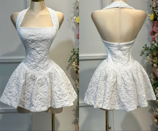 Cute Ball Gown Halter Lace White Summer Homecoming Dress Hoco Dress Mini 18th Birthday Outfit Cocktail Dresses DP1851