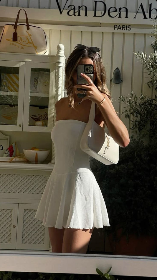 Simple A line Strapless Chiffon White Homecoming Dress Summer Hoco Dresses Cocktail Dress DP1863