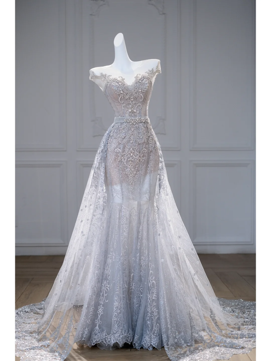 Sexy Wedding Dress Mermaid Sequin Beads Long Silver Wedding Dresses Bride Dress Bridal Gowns With Train DP1867