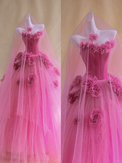 Gorgeous Ball Gown Sweetheart Hot Pink Floral Tulle Long Prom Dress Party Dress Graduation Dresses DP1999
