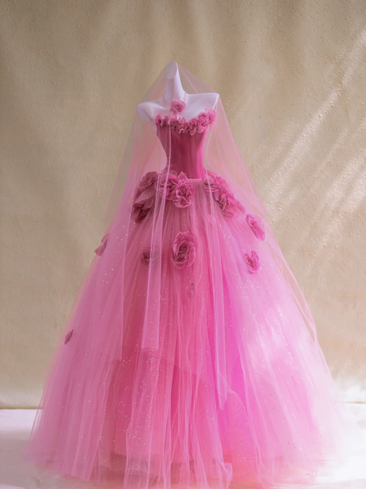 Gorgeous Ball Gown Strapless Hot Pink Floral Tulle Long Prom Dress Party Dress Graduation Dresses DP1870