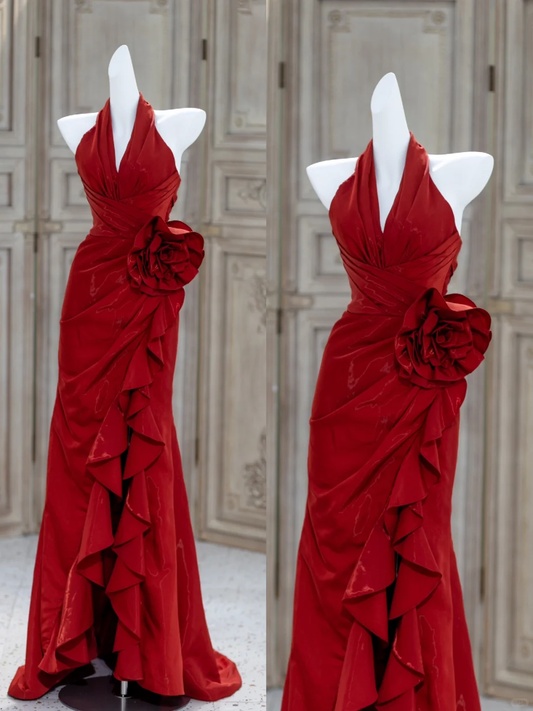 Gorgeous Mermaid Halter Red Satin 23rd Birthday Dress Prom Dress Birthday Outfits For Women DP1873