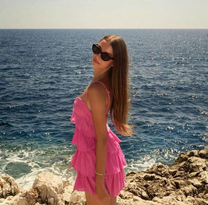 Simple A line Spaghetti Straps Pink Chiffon Homecoming Dress Summer Hoco Dresses Cocktail Dress DP1907