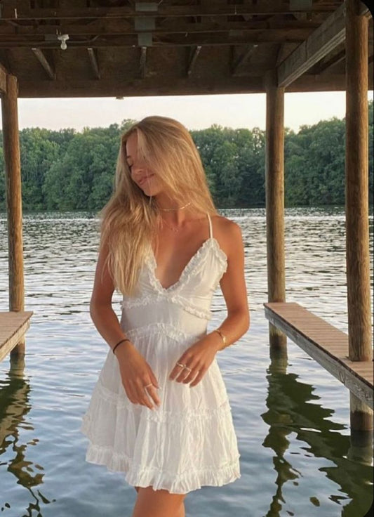 Simple A line Spaghetti Straps White Short Homecoming Dress Summer Hoco Dresses Cocktail Dress DP1916
