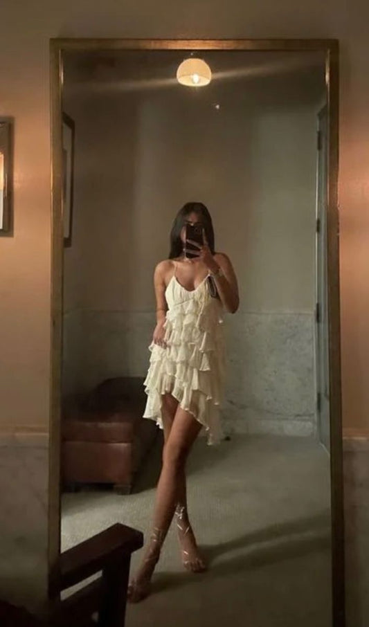 Simple A line Spaghetti Straps White Chiffon Short Homecoming Dress Summer Hoco Dresses Cocktail Dress DP1927