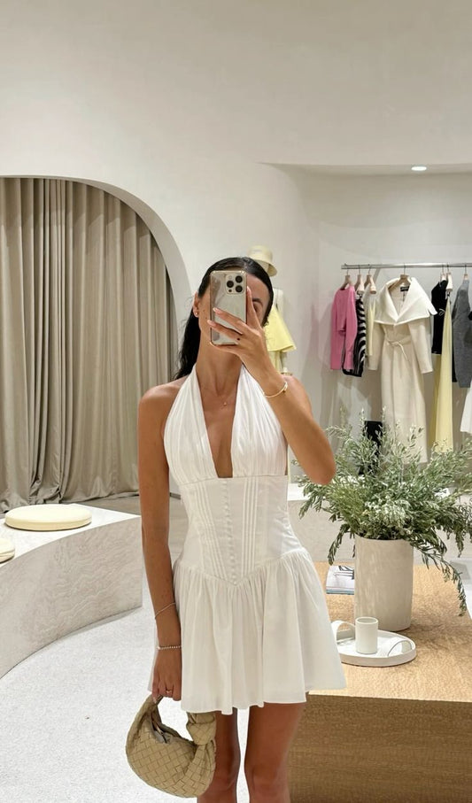 Simple A line Halter White Short Homecoming Dress Summer Hoco Dresses Cocktail Dress DP1941