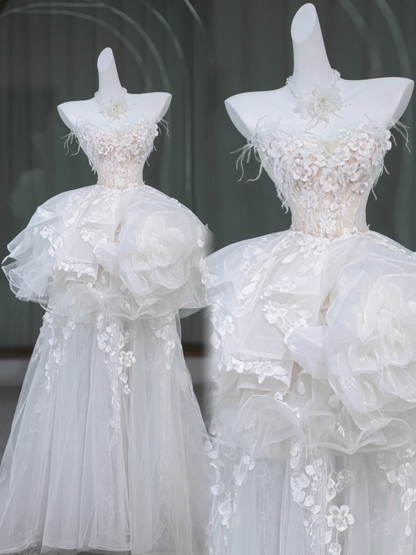 Unique Wedding Dress Ball Gown Strapless Lace Short White Wedding Dresses Bridal Gowns With Feathers DP1949