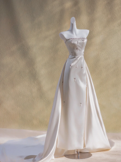 Simple Wedding Dress Sheath Strapless Satin Beads Long Summer Wedding Dresses Bridal Gowns DP1880