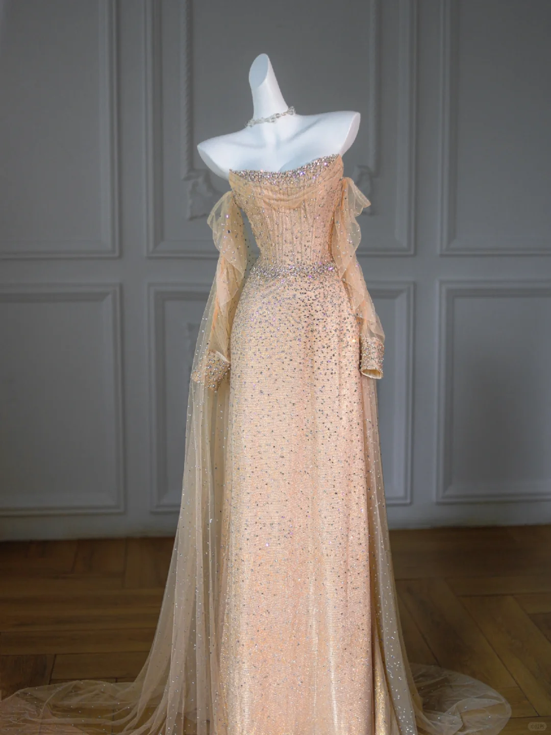 Gorgeous Mermaid Strapless Champagne Tulle Long Prom Dress Party Dress Graduation Dresses With Sleeves DP1956