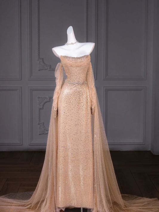 Gorgeous Mermaid Strapless Champagne Tulle Long Prom Dress Party Dress Graduation Dresses With Sleeves DP1956