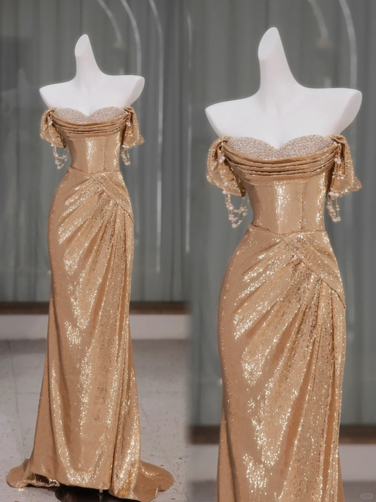 Pretty Mermaid Off The Shoulder Gold Sequin Beads Long Prom Dress Party Dress Graduation Dresses DP1958