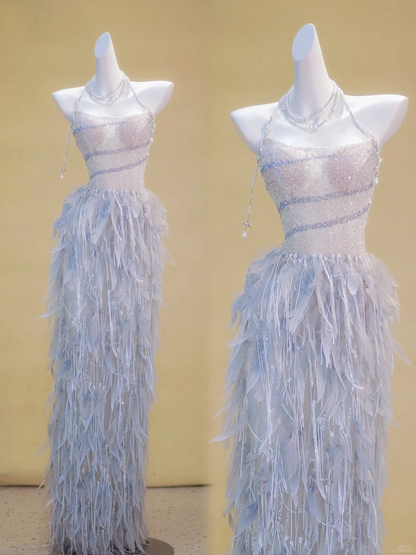 Gorgeous Mermaid Strapless Blue Sequin Long Prom Dress Party Dress Graduation Dresses With Feathers DP1963