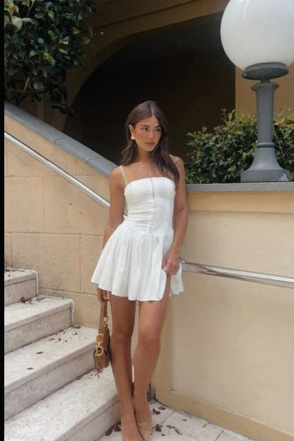 Simple A line Spaghetti Straps White Short Homecoming Dress Summer Hoco Dresses Cocktail Dress DP1964