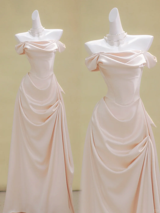 Schlichtes A-Linien-Abendkleid aus schulterfreiem, hellrosa Satin, formelle Sommerkleider für Hochzeitsgäste, Outfits für Hochzeitsgäste, DP1969