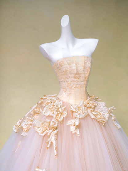 Pretty Wedding Dress Ball Gown Strapless Pink Tulle Floral Long Wedding Dresses Bridal Gowns DP1981
