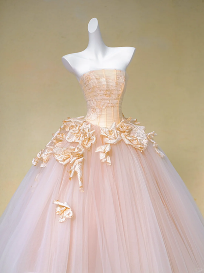 Pretty Wedding Dress Ball Gown Strapless Pink Tulle Floral Long Wedding Dresses Bridal Gowns DP1981