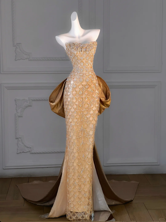 Gorgeous Mermaid Sweetheart Gold Sequin Long Prom Dress Party Dress Graduation Dresses With Bow-knot DP1985