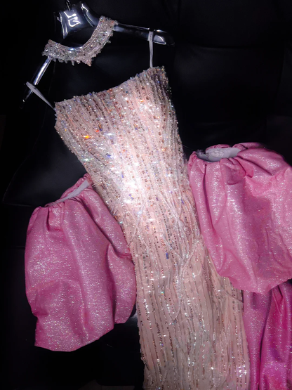 Pretty Mermaid Strapless Sequin Beads Champagne Long Prom Dress Party Dress Graduation Dresses DP1986