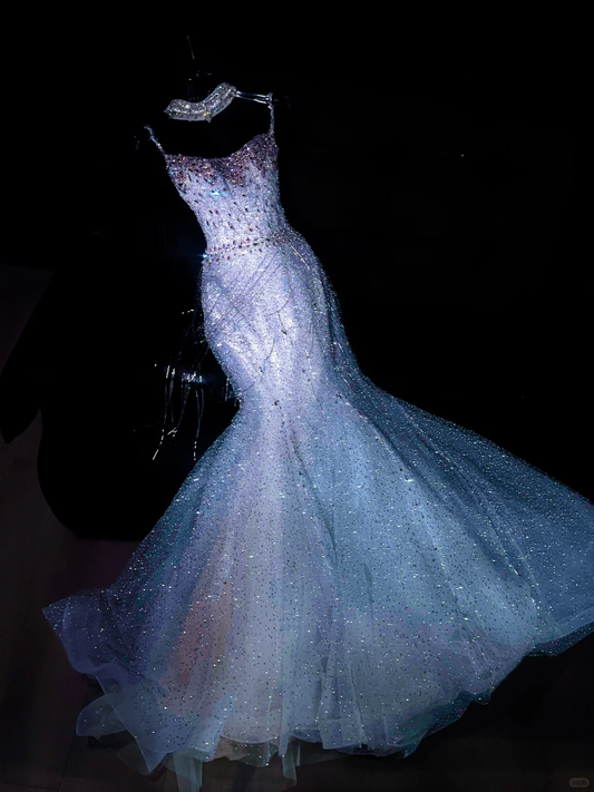 Gorgeous Mermaid Spaghetti Straps Sequin Long Prom Dress Party Dress Graduation Dresses With Bow-knot DP1989