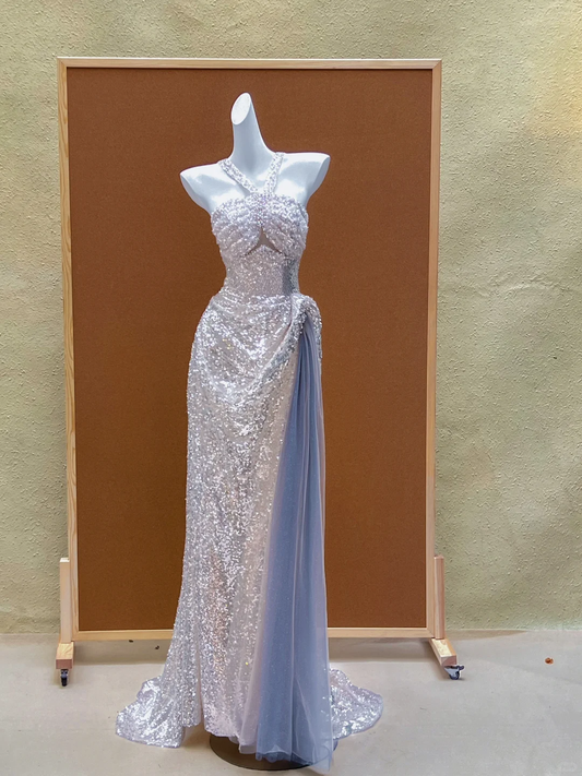 Gorgeous Mermaid Halter Silver Sequin Long Prom Dress Party Dress Graduation Dresses DP2001