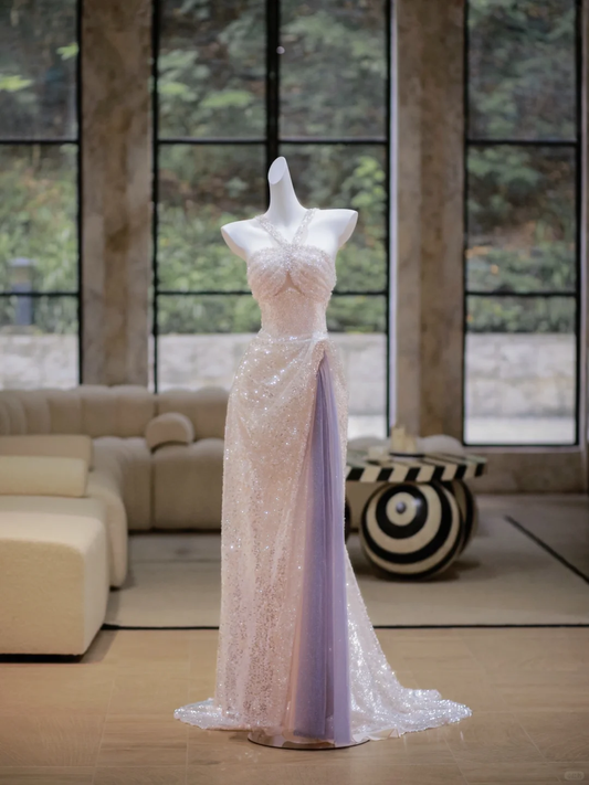 Gorgeous Mermaid Halter Silver Sequin Slit Long Prom Dress Party Dress Graduation Dresses DP2002