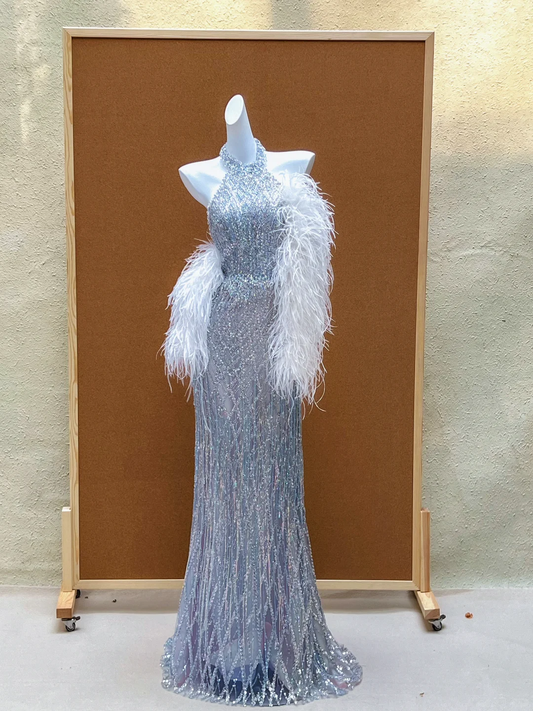 Gorgeous Mermaid Halter Silver Sequin Long Prom Dress Party Dress Graduation Dresses DP2021