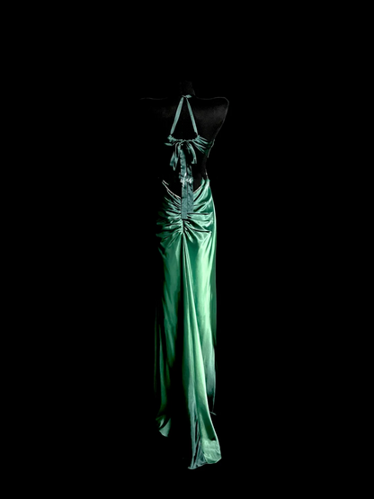Robe de soirée longue vintage en satin vert, dos nu, style sirène, col licou, robe de bal DP2030