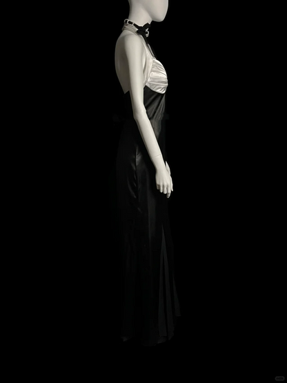 Robe de soirée longue en satin noir, style sirène, col licou, style vintage, robe de bal DP2032