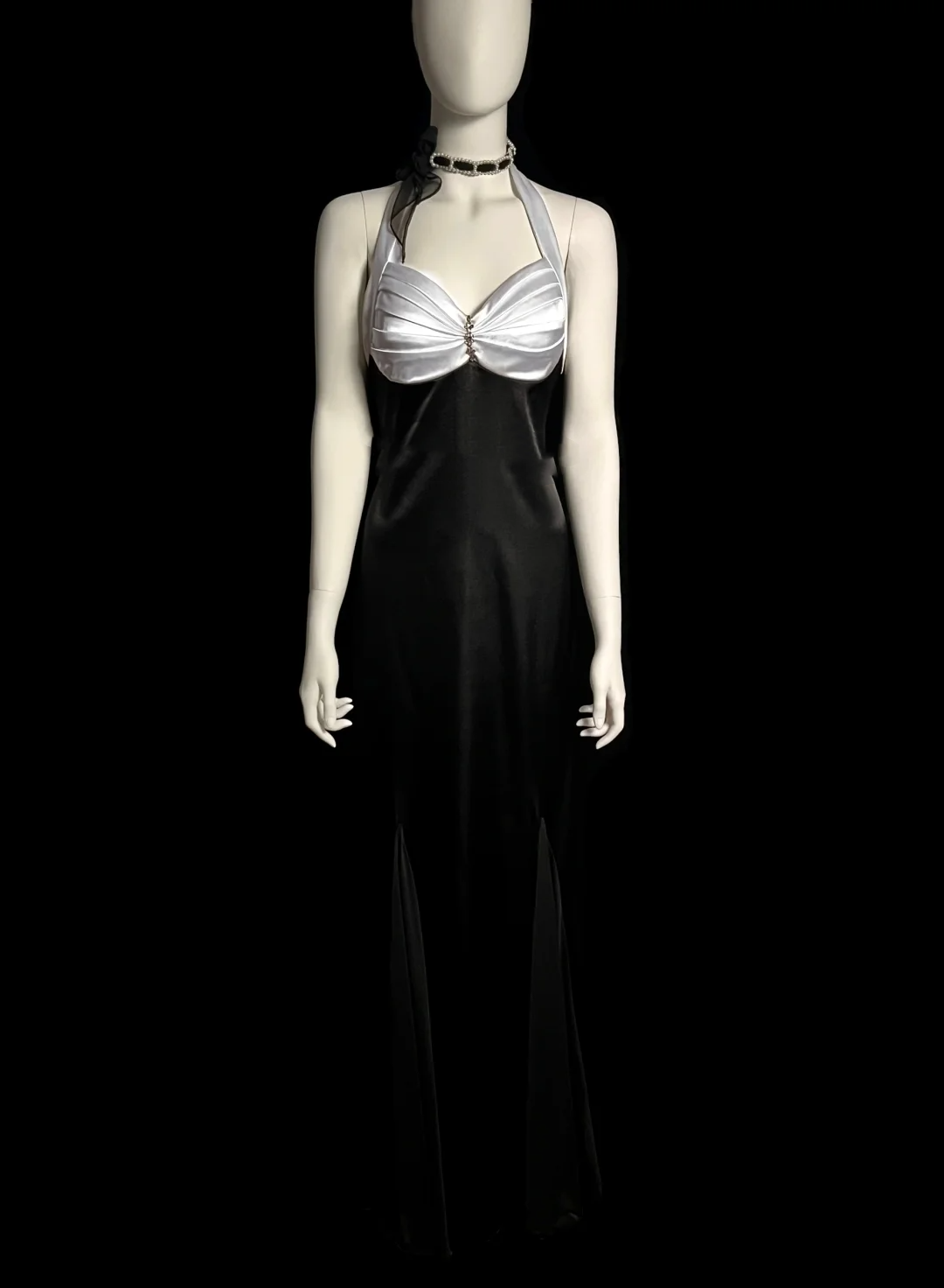Robe de soirée longue en satin noir, style sirène, col licou, style vintage, robe de bal DP2032