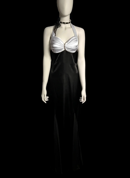 Robe de soirée longue en satin noir, style sirène, col licou, style vintage, robe de bal DP2032