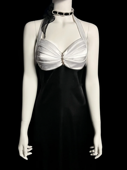 Robe de soirée longue en satin noir, style sirène, col licou, style vintage, robe de bal DP2032