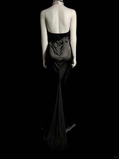 Robe de soirée longue en satin noir, style sirène, col licou, style vintage, robe de bal DP2032