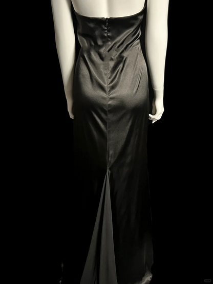 Robe de soirée longue en satin noir, style sirène, col licou, style vintage, robe de bal DP2032