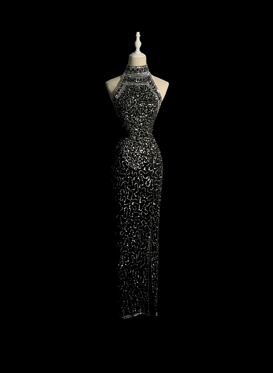 Vintage Sheath High Neck Sequin Long Evening Party Gowns Formal Dresses Prom Dresses DP2038