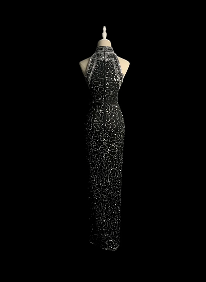 Vintage Sheath High Neck Sequin Long Evening Party Gowns Formal Dresses Prom Dresses DP2038