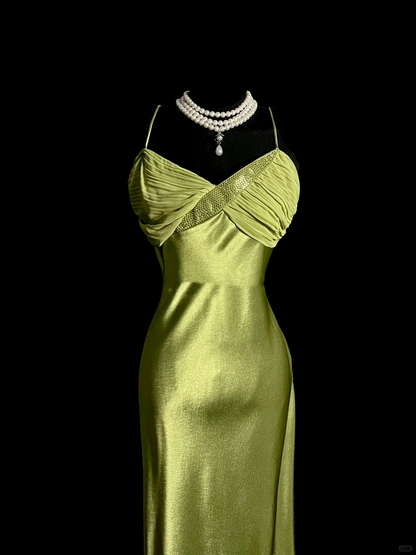 Robe de soirée longue verte à bretelles spaghetti, style fourreau vintage, robe de bal DP2040