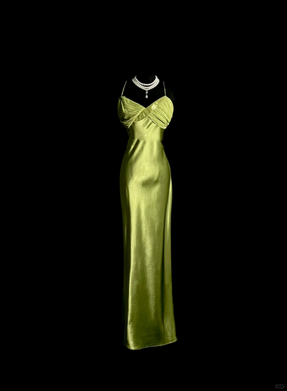 Robe de soirée longue verte à bretelles spaghetti, style fourreau vintage, robe de bal DP2040