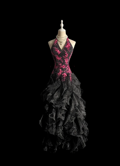 Vintage Ball Gown Halter Black Beaded Long Prom Dress Party Dress Graduation Dresses Evening Gowns DP2042