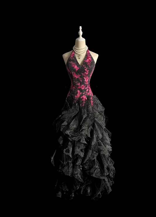 Vintage Ball Gown Halter Black Beaded Long Prom Dress Party Dress Graduation Dresses Evening Gowns DP2042