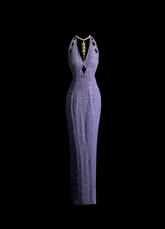 Vintage Mermaid Halter Sequin Lilac Backless Long Prom Dress Party Dress Graduation Dresses DP2043