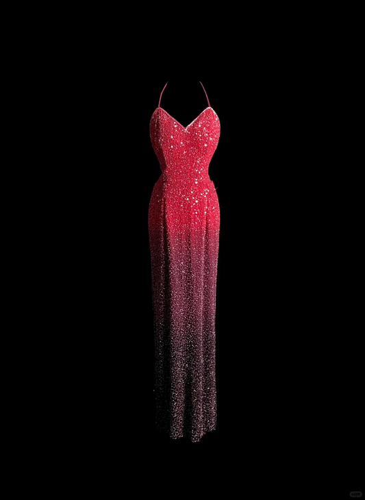 Vintage Mermaid Halter Sequin Pink Backless Long Prom Dress Party Dress Graduation Dresses DP2044
