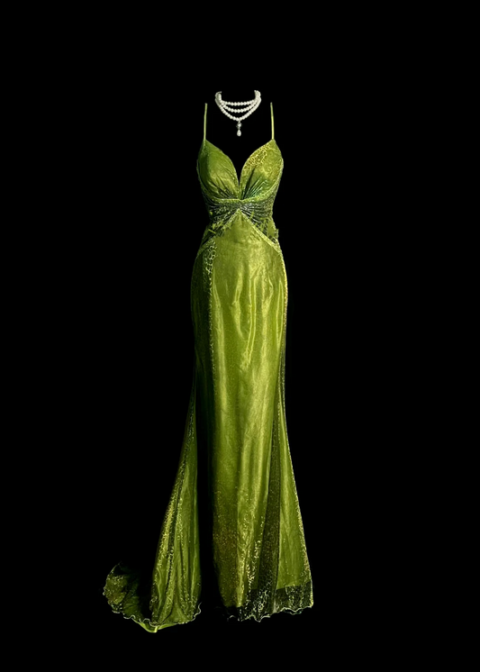 Vintage Mermaid Spaghetti Straps Green Backless Sequin Long Prom Dress Party Dress Graduation Dresses DP2054
