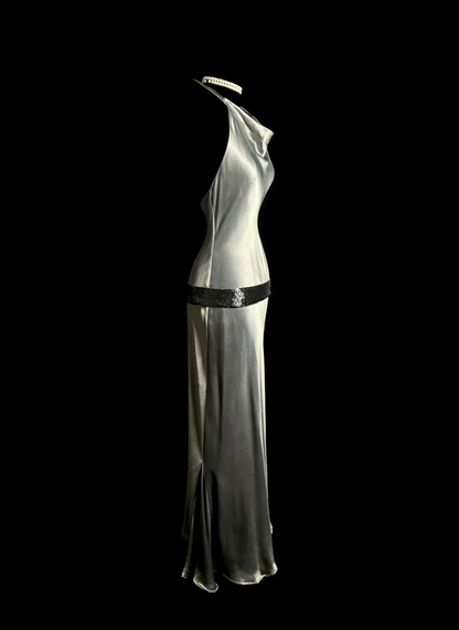 Vintage Sheath Halter Gray Long Prom Dress Party Dress Graduation Dresses DP2064