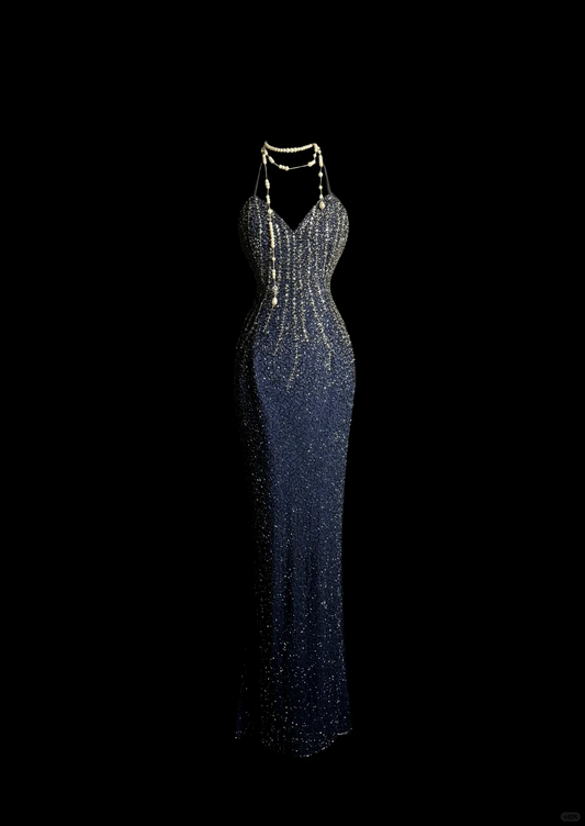 Hübsches Meerjungfrau-Neckholder-Kleid mit Pailletten, rückenfrei, marineblau, langes Abendkleid, formelle Sommerkleider für Hochzeitsgäste, Outfits für Hochzeitsgäste, DP2068
