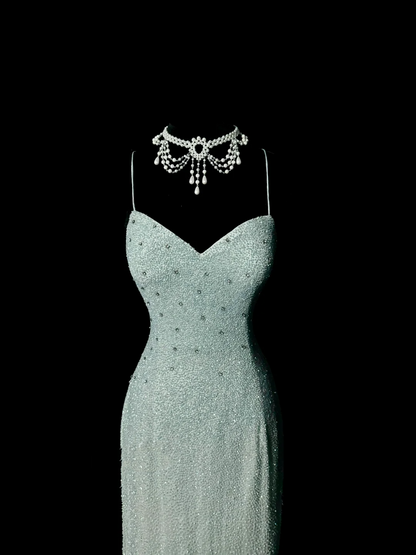 Vintage Mermaid Spaghetti Straps Backless Sequin Mint Green Long Prom Dress Party Dress Graduation Dresses DP2080