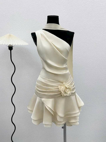 Cute A line One Shoulder Ivory Summer Homecoming Dress Hoco Dress Mini 16th Birthday Outfit Cocktail Dresses DP2089
