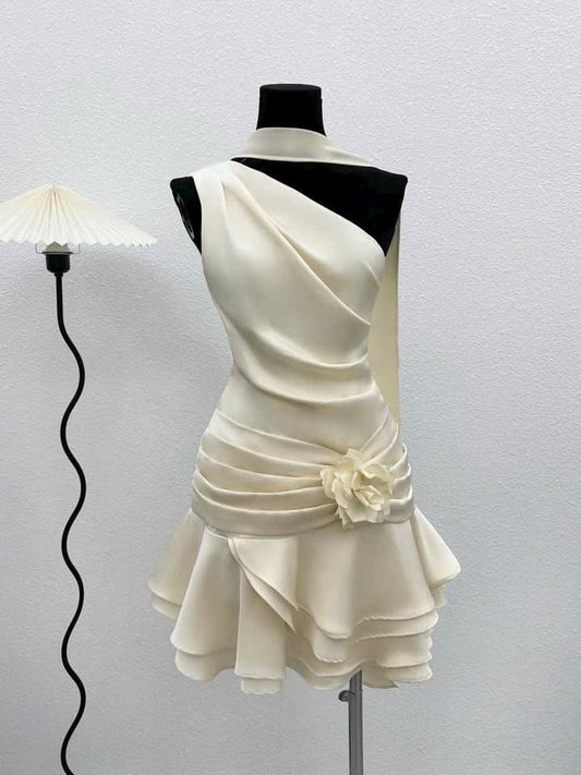 Cute A line One Shoulder White Summer Homecoming Dress Hoco Dress Mini 16th Birthday Outfit Cocktail Dresses DP2089