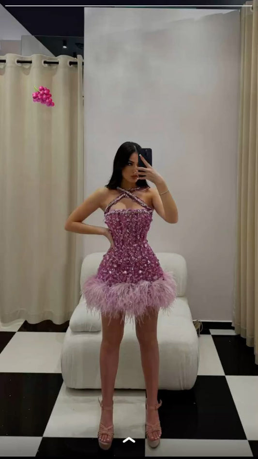 Sexy Sheath Halter Pink Sequin Short Homecoming Dress Summer Hoco Dresses Cocktail Dress Birthday Outfits DP2097