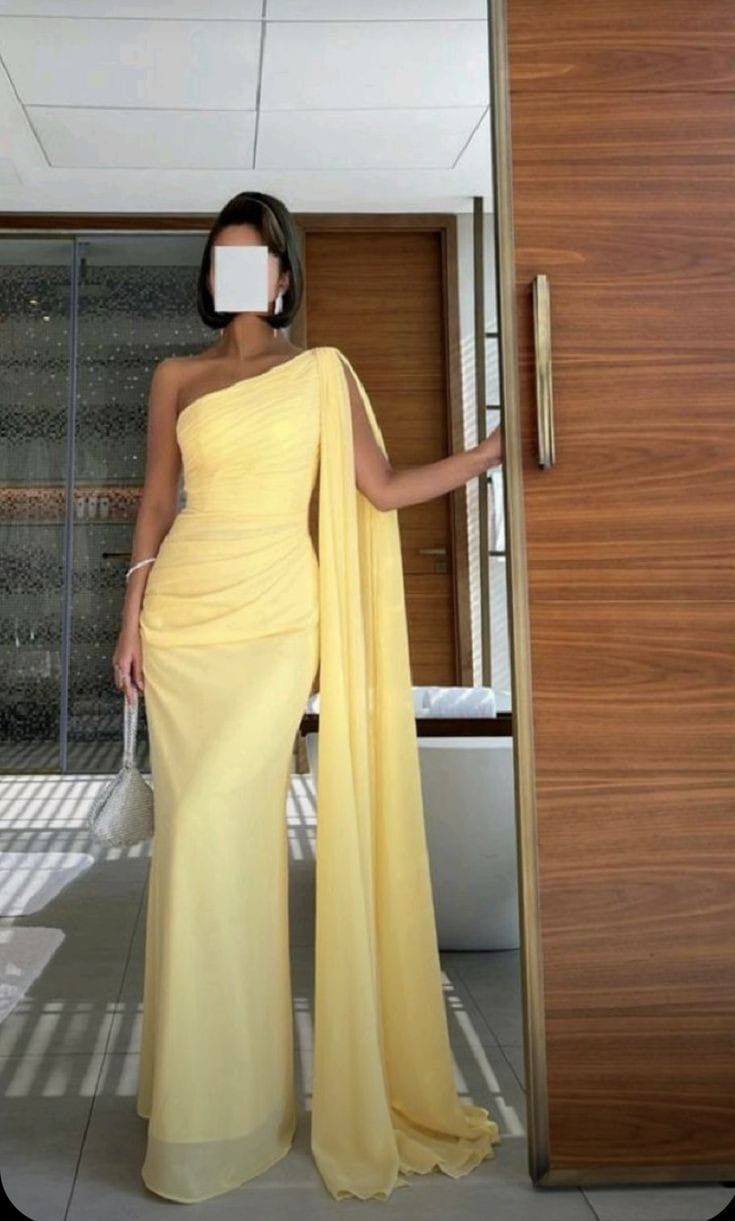 Superbe robe de soirée sirène asymétrique en mousseline jaune, tenue de soirée formelle pour invités de mariage, DP2119
